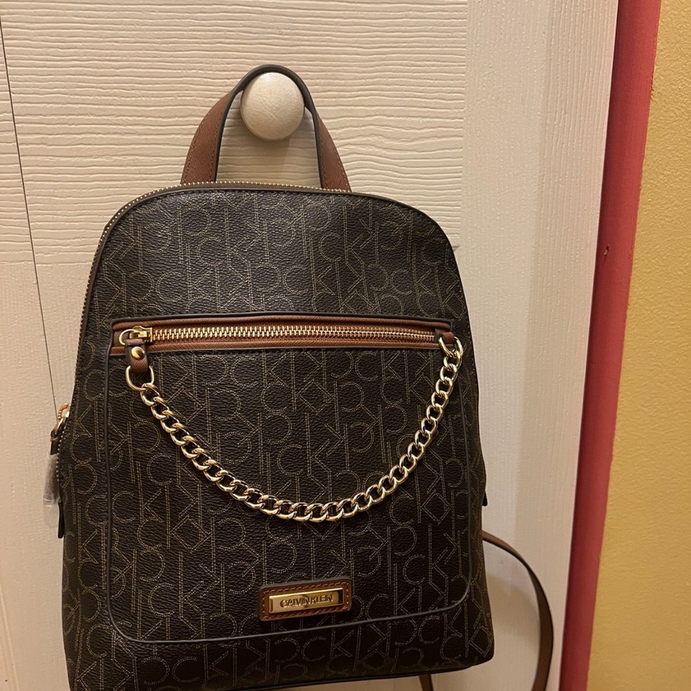 Calvin Klein Black Monogram Backpack with Gold Chain
